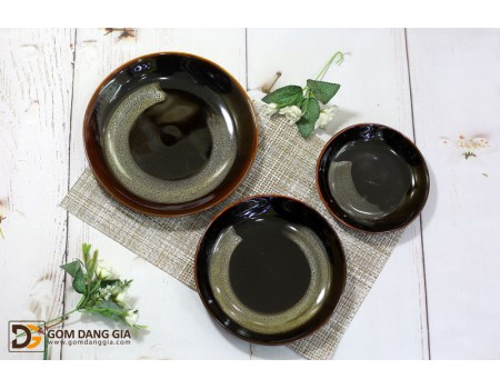 Bộ đĩa tròn sâu lòng men hỏa biến đen lòng trắng Bộ đĩa tròn sâu lòng men hỏa biến đen lòng trắng